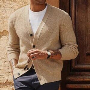 PJ PAULJONES Mens Waffle Textured Cardigan Sweater Sweater, Apricot, Large, NWT